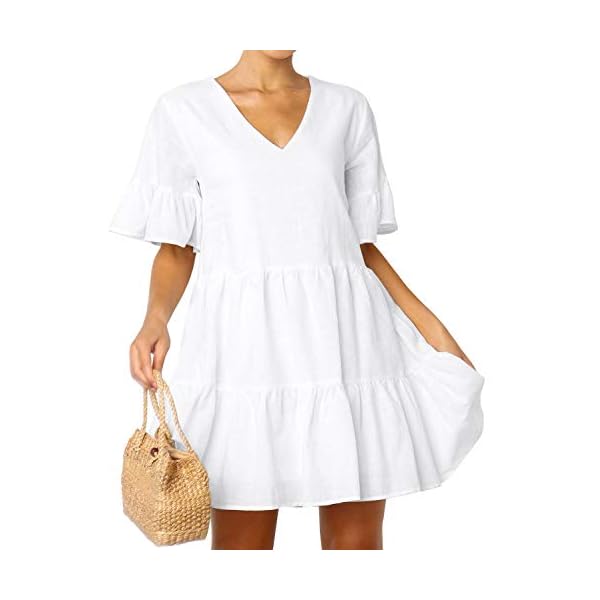 FANCYINN Womens White Cute Shift Dress Short Bell Sleeve Ruffle Hem V Neck Loose Swing Tunic Mini Dress with Pockets M