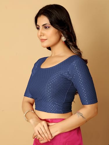 Image of Amazon Brand - Anarva Round Neck Dobby Cotton Lycra Stretchable Elbow Half Sleeve Readymade Saree Blouse for Women Stylish