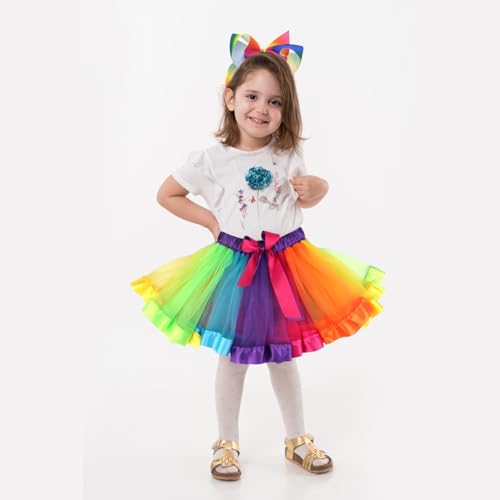 GWAWG 2 Stück Tutu-Röcke Set,Ballett mit Haarschleife,Mädchen Kinder Regenbogen Tüllrock,Neon-Tanzkleid
