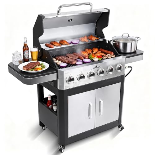 Felizpace 6-Burner Propane Gas Grill with 60000 BTU Heavy Duty Cast Iron Cooking Grates Stainless Steel Warming Rack and Side Tables BBQ Grill for Outdoor Backyard Cooking and Patio Parties Black