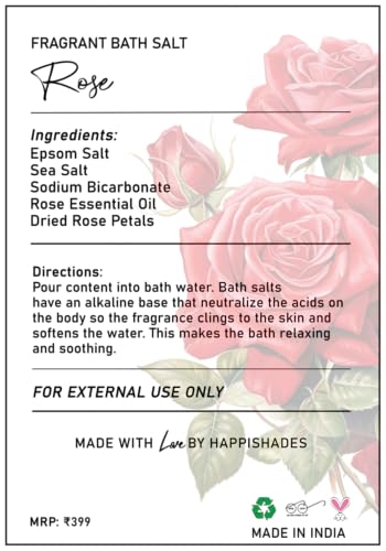 Image of Happishades Bath Salt | For Body & Foot Spa, Calming, Relaxing, Muscle Aches Pain Relief, Aromatherapy | Pure & Natural Epsom, Sea Salt & Essential Oils - 200 grams (Rose)