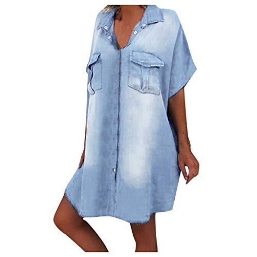 Denim Shirt Dresses for Women, Long Sleeve Distressed Jean Dress Button Down Casual Tunic Top(L-XXXL) Light Blue