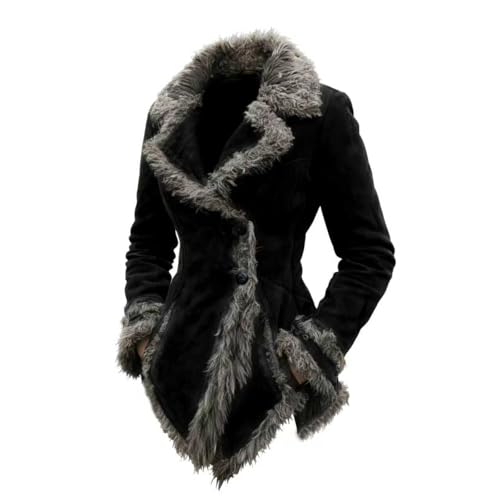Women's retro suede coat with fur collar and lapel, beggar style jacket (US, Alpha, Large, Regular, Regular, black)