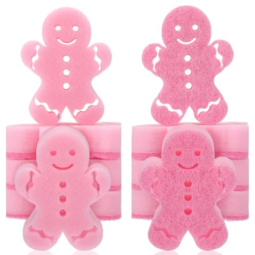 Image of Tioncy 12 Pack Kitchen Sponges Bulk Dual Sided Scrubber Sponges Dishwashing Kitchen Cleaning Accessories for Household Supplies(Gingerbread Man, Pink)