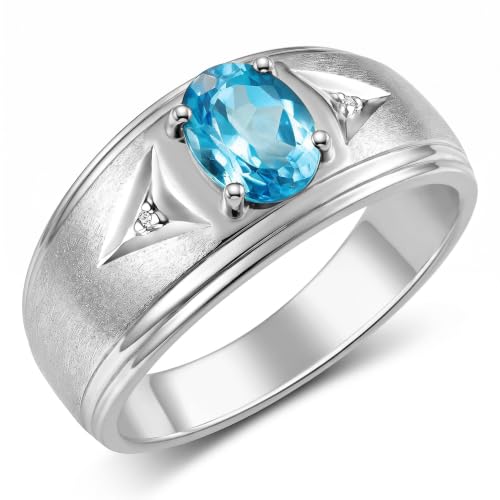 Image of Rylos Men's Rings Classic Design 8X6MM Oval Gemstone & Sparkling Diamond Ring - Color Stone Birthstone Rings for Men, Sterling Silver Rings in Sizes 8-13. Elevate Your Style with Timeless Elegance!