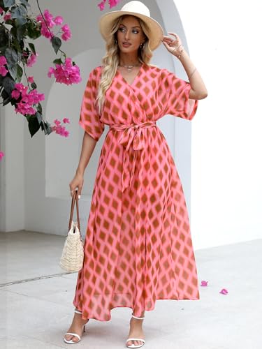 Image of ANRABESS Womens 1 /2 Sleeve Beach Wedding Guest Maxi Dresses 2026 Summer Wrap V Neck Boho Floral Flowy Slit Long Dresses