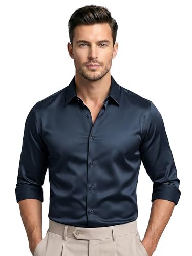 Image of BEYOUNG Regular Fit Formal Satin Shirt for Men | Full Sleeves | Men's Stylish Satin Silk Shirt | Formal Shirt | Buttondown Collar | Satin Solid Shirt for Men