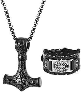 TOFBS Thor's Hammer Necklace  Viking Bracelet Set for Men Boy Mjolnir Stainless Steel Necklace Leather Cuff Bracelets Braided Cord Thor's Hammer Jewellery Punk Goth Viking Gift for Men