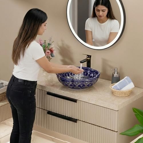 Image of BASSINO Designer Moroccan Ceramic Table Top Wash Basin /Glossy Blue Floral Art Bowl Sink for Bathroom /Handcrafted Countertop Washbasin for Office /Hotel(16.5 x 16.5 x 5 Inches)