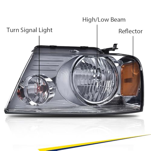 Image of GRAND ORANGE Headlight Assembly Compatible with Ford F150 2004 2005 2006 2007 2008 / Fit Lincoln Mark LT 2006-2008 Driver & Passenger Side Headlamp Smoke lens Chrome Houing Amber Reflector