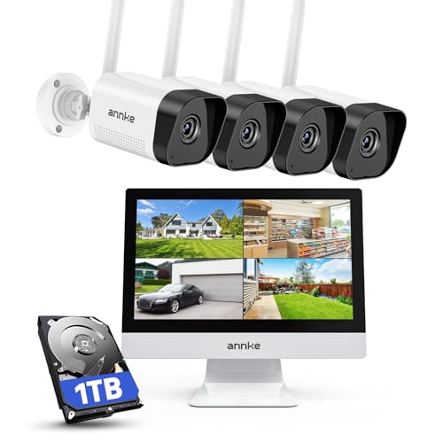 ANNKE 3MP Überwachungskamera Set Aussen WLAN mit 12''Monitor, 10CH 4K Wireless NVR mit 4 Pcs 3MP WiFi Kameras, 2-Wege-Audio, Personenerkennung, 24/7 Aufnahme, 30M Nachtsicht für Aussen, Innen, 1TB HDD