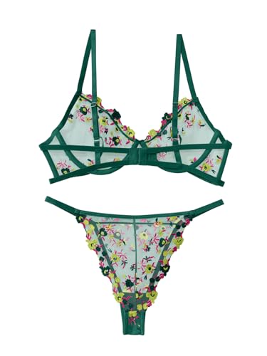 Image of Lilosy Sexy Floral Embroidered Mesh Sheer Underwire Lingerie Set