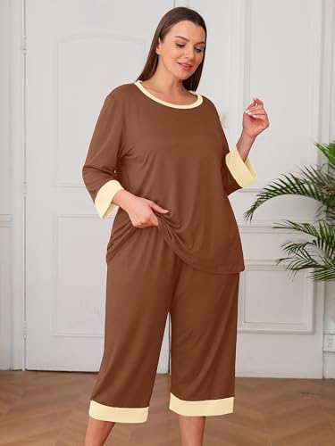 AusLook Women’s Plus Size Pajama Sets Moka Brown 3X Soft 3/4 Sleeve Nightwear Top and Capri Pants Lounge Set with Pockets — view 5