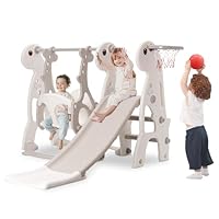 Kids Slide & Swing Set, Indoor Baby Slide Climber Freestanding Playset with Basketball Hoop & Height Adjustable Swing (Beige)