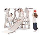 Kids Slide & Swing Set, Indoor Baby Slide Climber Freestanding Playset with Basketball Hoop & Height Adjustable Swing (Beige)