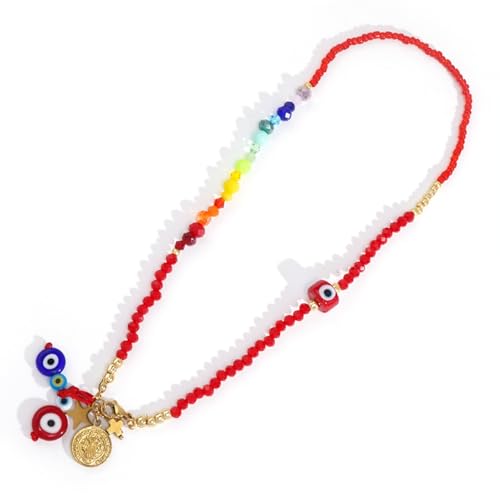 EQUBIO Beaded Necklace for Women, Handmade Colorful Gem and Pearl Design, Adjustable Boho Daisy Jewelry, Lightweight Fashion Accessory for Vacation, Party and Gift (colors-04)