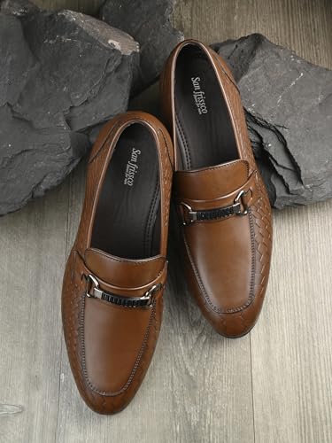 Image of San Frissco Men's Loafers Brown Textured Handcrafted Formal Horsebit Shoes /Slip-on Shoe for Office, Wedding & Parties /Easy to Match Moccasins with Stylish Lightweight and Comfortable