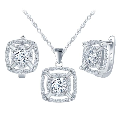 MicLee Collares colgantes y pendientes de circonitas de lujo para mujer: Juegos de joyas de plata 925 - Pendientes y collar de estilo cuadrado - Joyas de boda elegantes - Joyas de fiesta plata