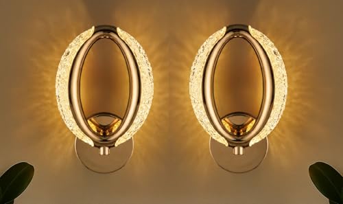 Image of Groeien Pack of 2 | 10W | 3 Color Modern LED Oval Shape Crystal Wall Sconce Gold Wall Light for Bedroom Living Room Corridor Lighting Fixtures Wall Mount(Oval Crystal-Golden, 2)