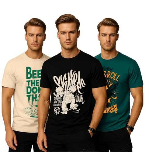 Image of Veirdo 100% Pure Cotton Regular Fit Aesthetic Graphic Printed Round Neck Half Sleeve T-Shirt Combo for Men (Pack of 3) (Green,Red,Swanwhite,Black,Navy Blue,White,Brown,Royal Blue)