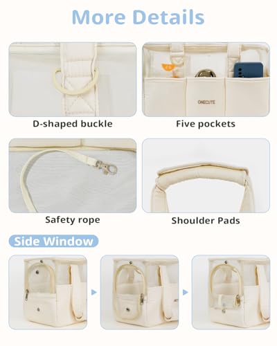 ONECUTE Hundetasche für Kleine Hunde, Katzen & Kaninchen – Klappbare Tragetasche mit Sicherheitsverschluss, Belüftungsmesh & Seitentaschen – Praktischer Reise-Carrier (Beige durchlässig,34x16x25 cm)