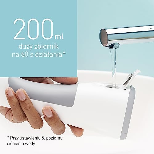 Panasonic EW1511W503 przenośny irygator z technologią ultradźwiękową (ładowanie 1h, 5 stopni strumienia wody (max. 647kPa), zbiornik 200ml), biały