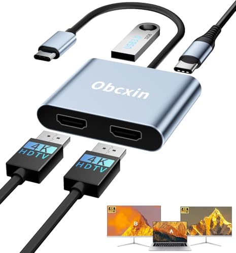 USB C auf Dual HDMI Adapter, 4 in 1 Typ C to HDMI Splitter for Dual Monitors mit 2 * 4K+USB 3.0+PD 100W, USBC Hub Multiport Adapter für MacBook Pro/Air, Weitere Laptops mit Thunderbolt 3/4-Anschlüssen