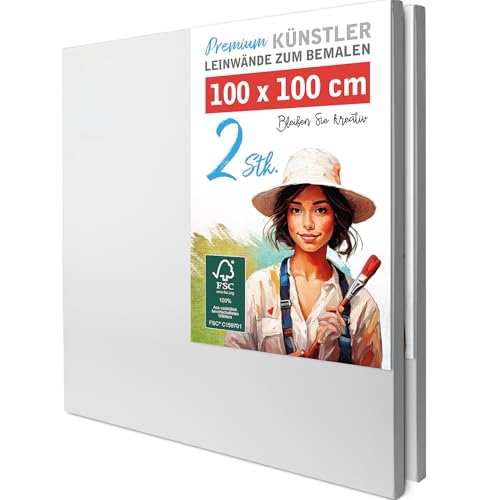 M MERCEO 2 Stück XXL Künstler-Leinwand Set zum Bemalen 100x100 cm 100% Baumwolle 380 g/m 2-fach grundiert stabiler 37mm Keilrahmen für Acryl & Öl