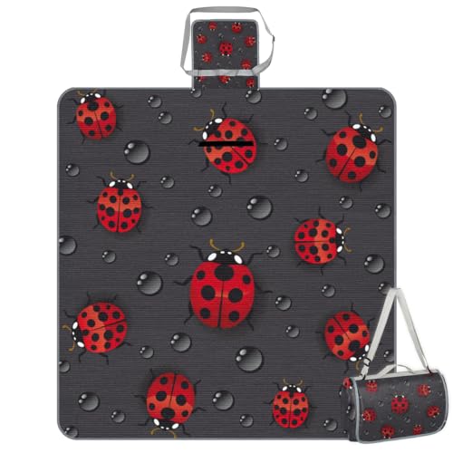 Shimoshe Picnic Blankets 57”x 59”, Water Drop Ladybug Prints Waterproof Sandproof Picnic Mat Lightweight Foldable Beach Blanket for Camping Park Grass Beach Outdoor Blanket