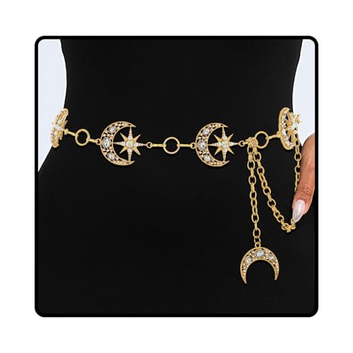 ELABEST Rhinestone Moon Chain Belt Sparkly Star Waist Chain Adjustable Body Jewley for Women Dress Belt Accessory