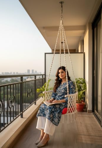 Patiofy Made In India Premium Single Seater Cotton Swing Chair For Adults,Kids Hammock-Hanging Chair Swing With Cushion And Accessories (White), 20 Centimeters, 138 Centimeters