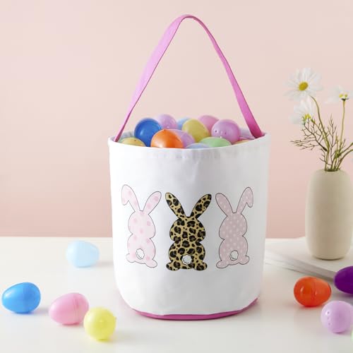 Image of Canvas Easter Basket Easter Bucket for Egg Hunts Easter Eggs Easter gifts Easter Treats (Pink Style 2)