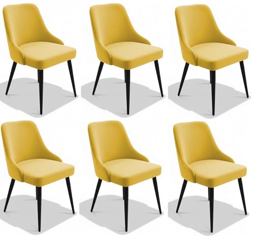 Image of Finch Fox Taskpro Modern Unique Velvet Upholstered Seating Living Room Dining Chair with Black Metal Legs in Yellow Color (Set of 6)