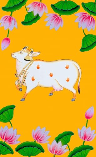 Image of Dhara Yellow Dhenu Cow Left Backdrop Cloth - 5ft x 8ft for Ganesh Chaturthi, Satyanarayan Pooja, Annaprassana. Washable Fabric