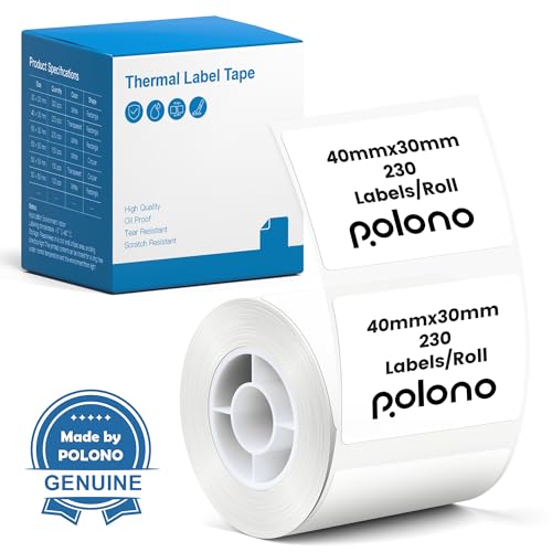 POLONO Genuine Thermal Labels for PM220S Label Makers, 1.57"x1.18" (40x30mm) Thermal Label, Waterproof, Multi-Purpose Self-Adhesive Labels for Small Bussiness, Office, School, 230 Labels/Rol
