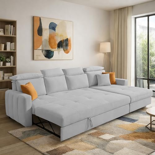 Image of Casaliving Gagnon RHS 6 Seater L Shape Corner Sofa Cum Bed for Living Room (Grey Fabric) Premium Fabric Sofa