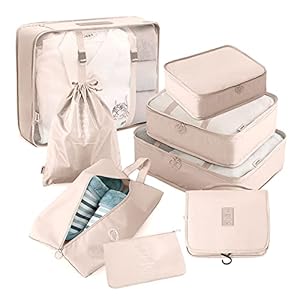 Packing Cubes for Travel, AVITORO 8 Pcs Travel Suitcases Lightweight Essential Bag with Toiletries Clothes Shoes Cosmetics Toiletries, For 18-32” Luggage (Beige)