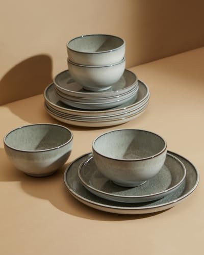 Image of Pokini Ceramic Dinnerware Sets for 4, 12pcs Plates and Bowls Sets Dish Set