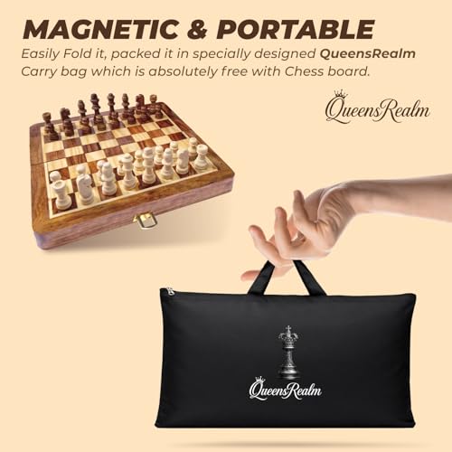 Image of QueensRealm 12 Inch Sheesham Chess - Handmade Magnetic Chess Board Set with Magnetic Wooden Chess Pieces | Premium Foldable Chessboard for Kids & Adults for Indoor Outdoor Chess Set (12 x 12 Inch)