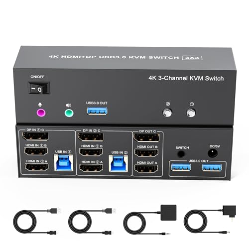 4K KVM Switch 3 Monitors 2 Computers Triple Monitor Displayport and 2 HDMI USB 3.0 KVM Switches 4K@60Hz,Support Extended/Mirror Mode Share 3 USB 3.0 Ports with Desktop Controller, Adapter Included