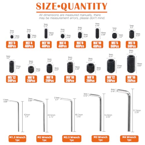 450Pcs M3/M4/M5/M6/M8 Allen Head Socket Hex Grub Screw Set Assortment Kit with Internal Hex Drive - 12.9 Class Black Alloy Steel