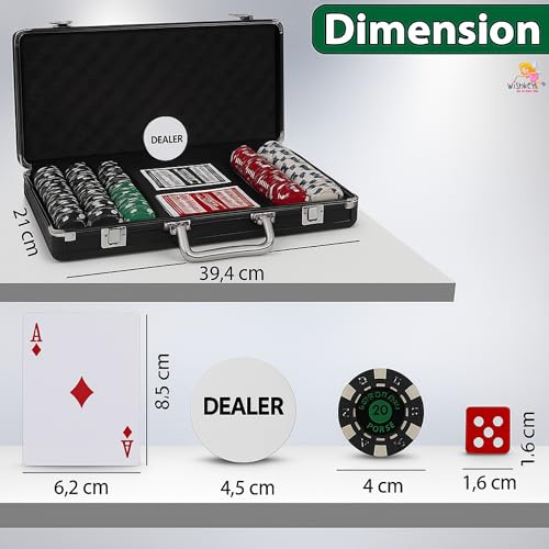 Image of WISHKEY Black Casino Style Poker Set, 300 Pcs Ceramic Printed Denomination Chips with Lockable Aluminum Finish Case 2 Decks of Cards 5 Dice 1 Dealer Button 2 Keys Classic Multiplayer Game, 14+ Years