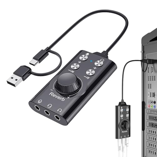Image of ZORBES USB /USB-C External Sound Card Adapter with Reverb Effects, 3.5mm Mic & Dual Headphone Jacks, 7 Voice Changing Effects, Plug-and-Play Audio Interface for PC, Laptop, Phone & Streaming
