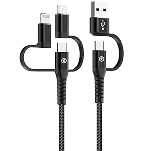 Outdoor Tech – Calamari Ultra Plus 5-in-1 Charging Cable – 6.5′ Nylon Braided 2M Cable with Multiple Charging Tips – USB-C, Lightning, USB-A, and Micro USB