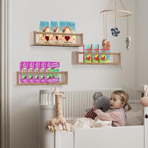Emooncn 3 Stück Wandregal Kinderzimmer, 42cm Bücherregal Kinder Wand aus Holz, Bücherregal Kinder, Bilderleiste Kinderzimmer Wand für Kinder im Spielzimmer, Schlafzimmer, Wohnzimmer,Kindergarten