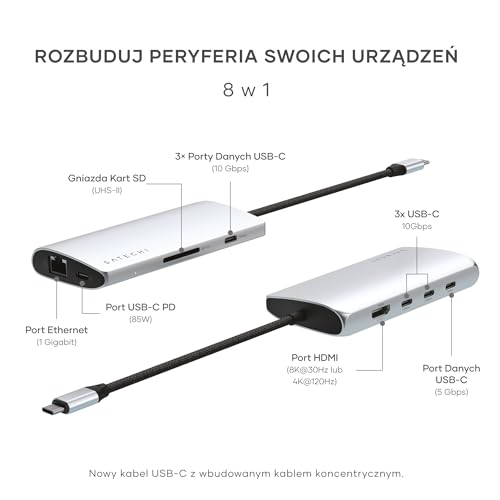 SATECHI Hub USB-C 8 w 1 z Ethernetem, HDMI 8K@30Hz, ładowaniem PD 85 W, 4 portami USB-C 10 Gb/s, transferem danych i czytnikiem kart SD UHS-II do MacBook Air/Pro/Neo, PC i innych – Silver V3