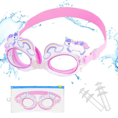 Lindas Gafas de Natación unicornio, Gafas de Natación para Niños con Tapones para Los Oídos y Bolsa Potable, Antiniebla Sin Fugas Gafas Natación, Alta Definición, Premium Cómodo, para Niñas 4-14