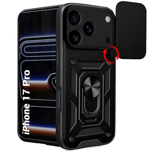 Image of TheGiftKart Tough Armor Bumper Back Cover Case for iPhone 17 Pro | Rotating Camera Cover, Kickstand & Ring Holder | 360 Degree Protection Back Cover Case for iPhone 17 Pro (PC & TPU, Black)