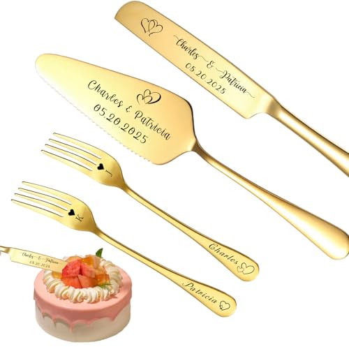 FKF Ensemble Couteaux et de Serveurs à Gâteau Mariage Personnalisés Ensemble sculpture et de Découpe de Gâteau Personnalisé Cadeau Personnalisé Pour Anniversaire (Or - avec fourchette)