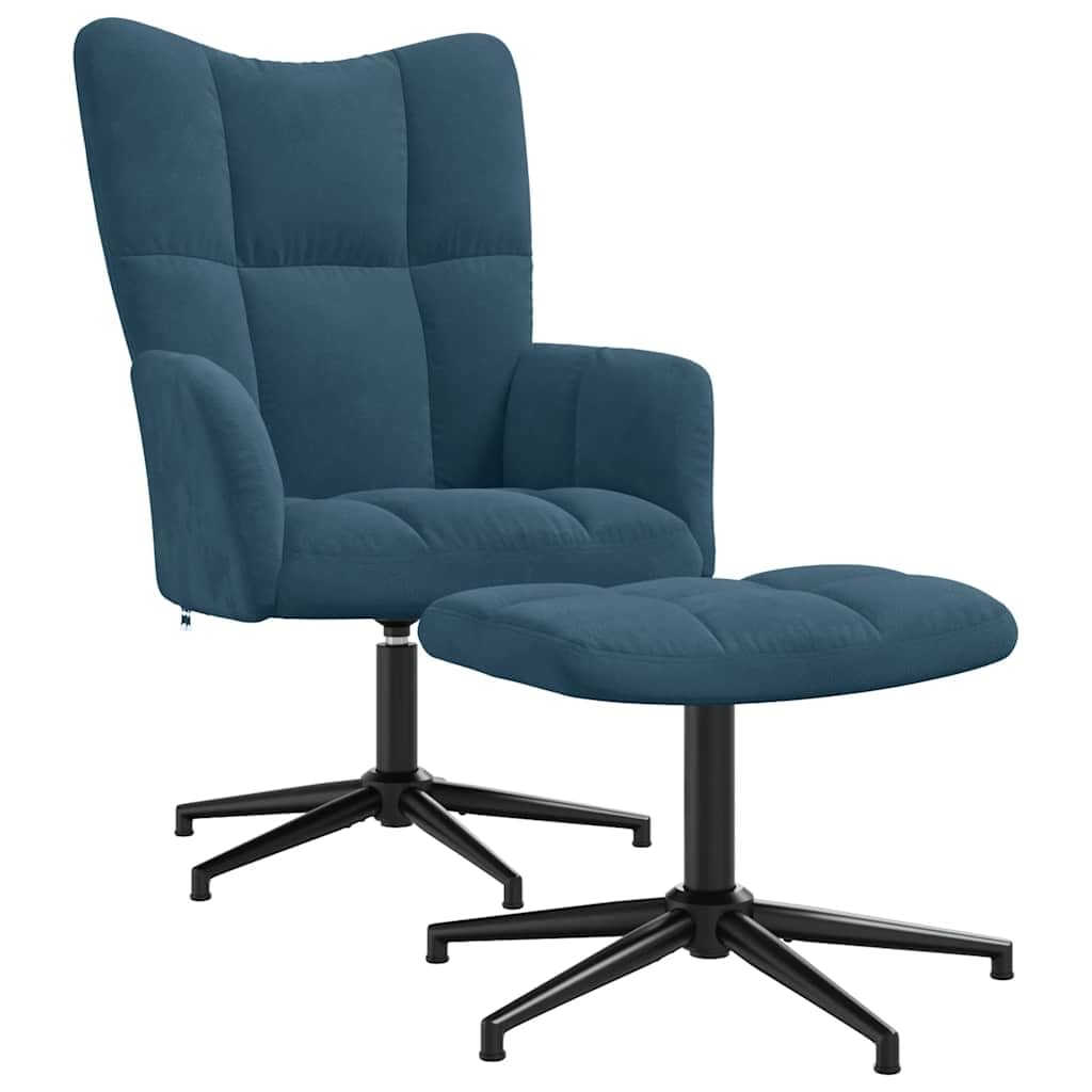 Poltrona Relax con Poggiapiedi Girevole a 360 in Velluto Blu | Poltroncina imbottita per soggiorno e camera da letto con movimento rotatorio completo e poggiapiedi abbinato.